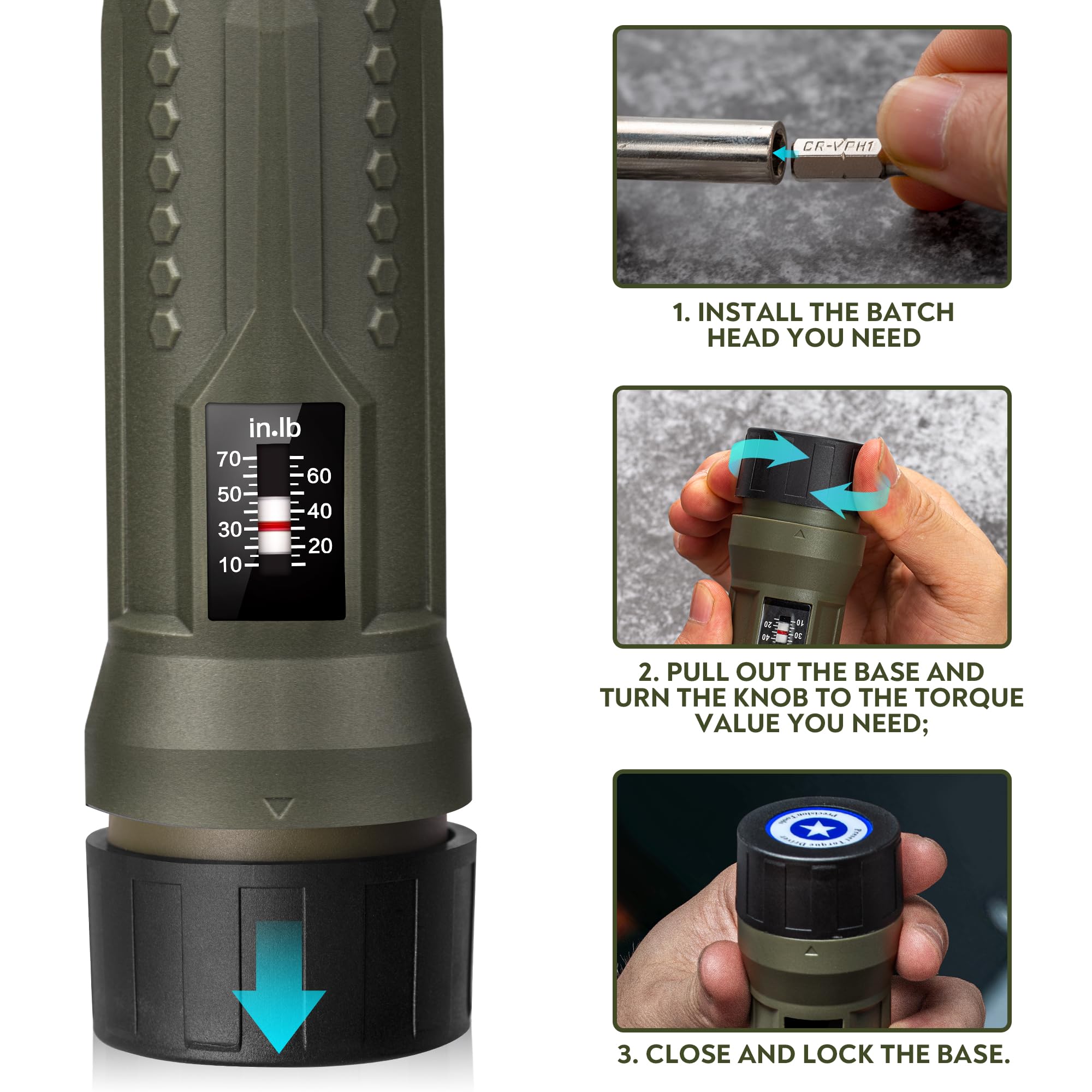 YOOIU torque screwdriver shows 10-70 in-lb range for versatile tasks.
