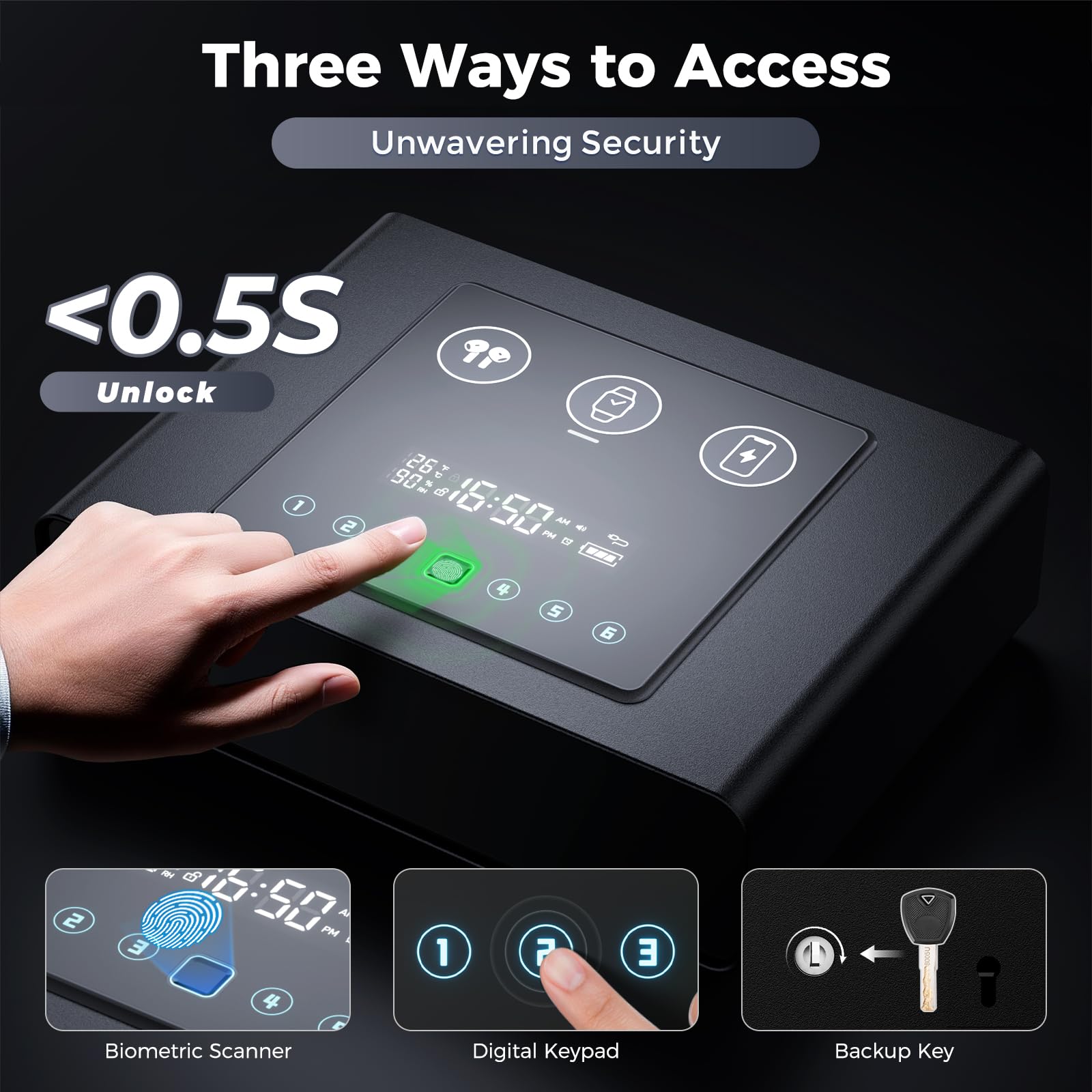 Yoqimi LCD display shows time, temperature, humidity at a glance.