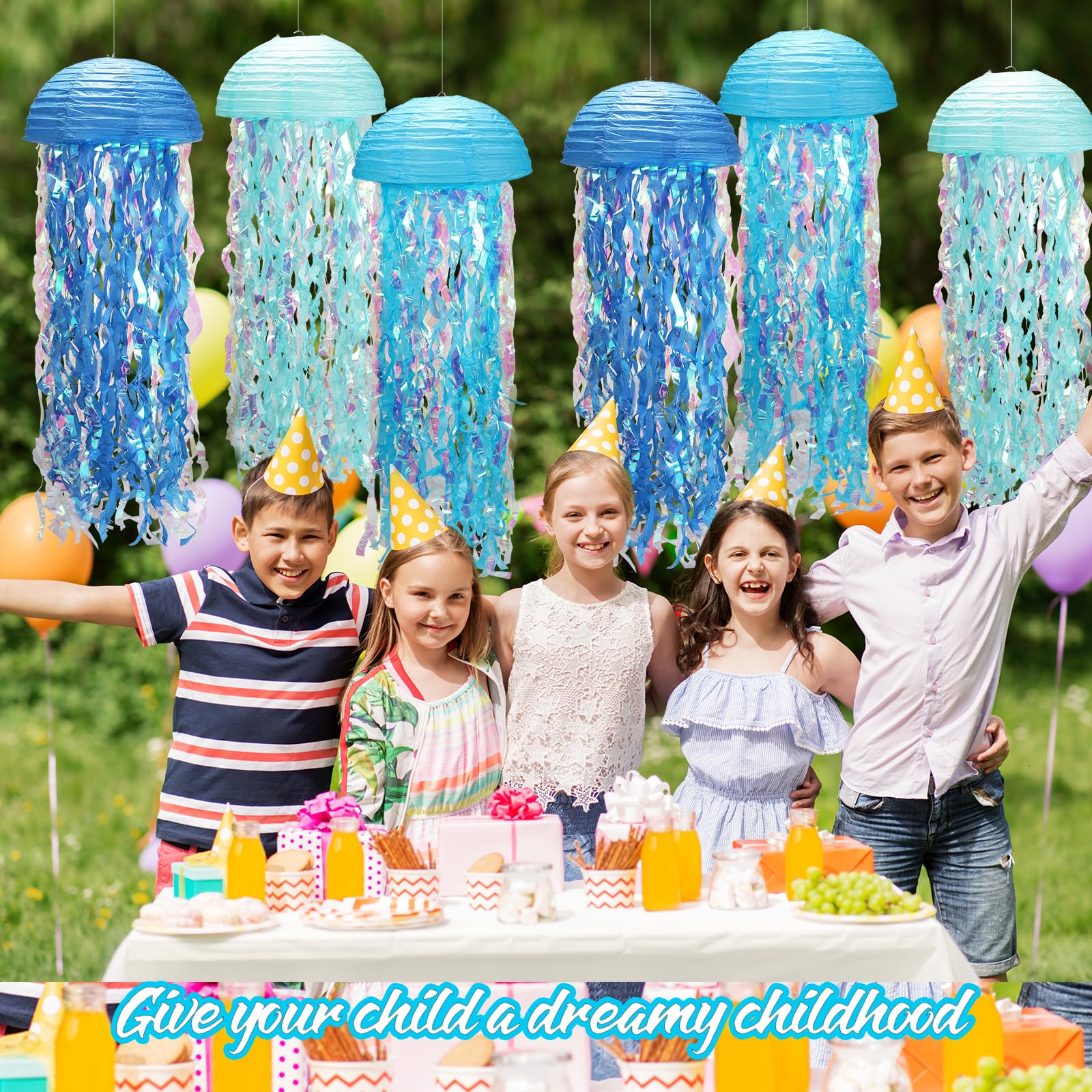 Yorr jellyfish lanterns arranged to look like they float above guests.