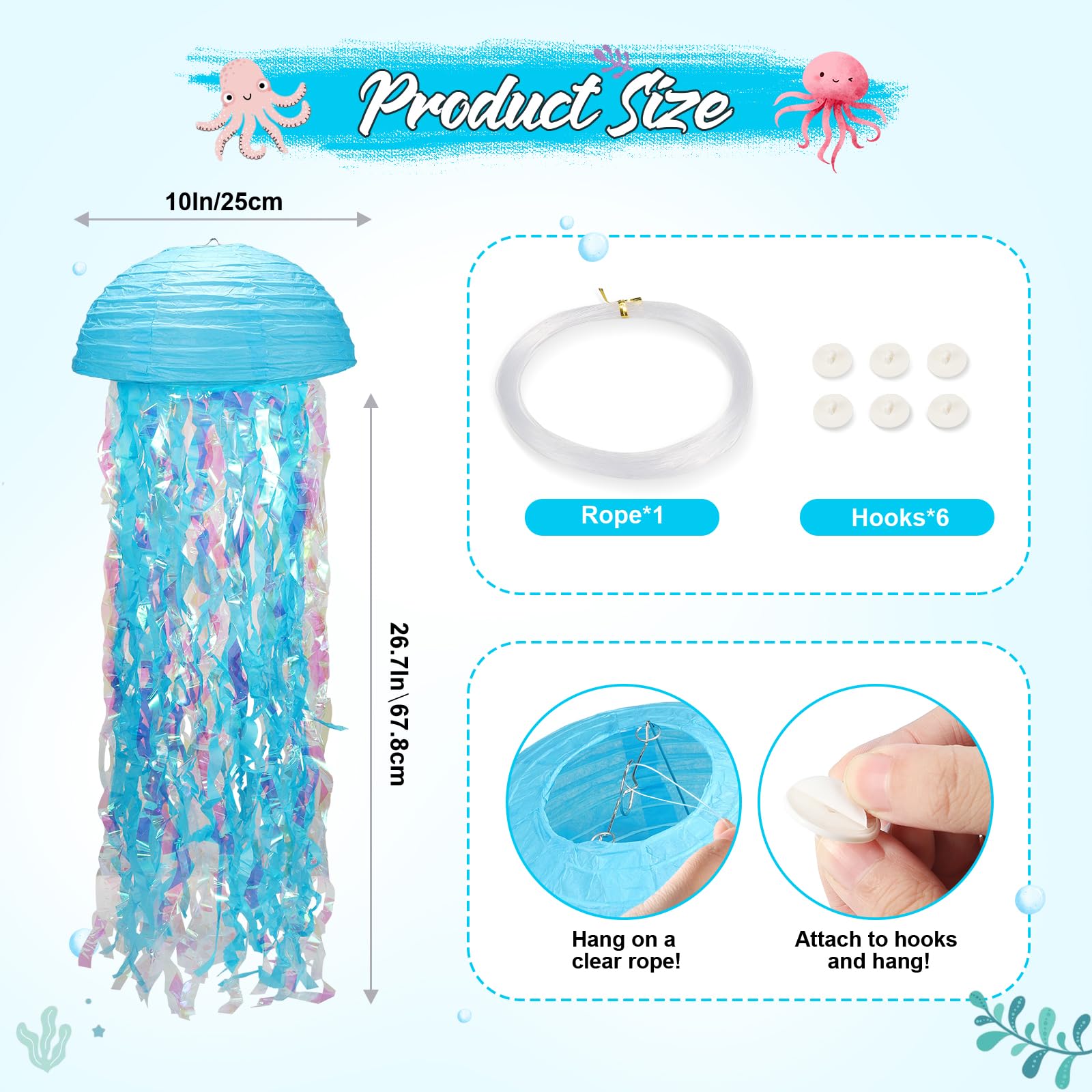 Yorr sky blue jellyfish lanterns brighten mermaid birthday decor with airy underwater vibes.