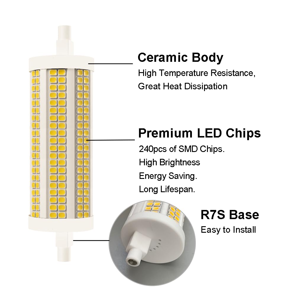 Yosenmi 118mm R7S LED bulb in warm white for living room use.