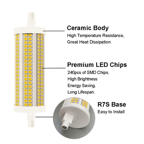 Yosenmi 118mm R7S LED bulb in warm white for living room use.