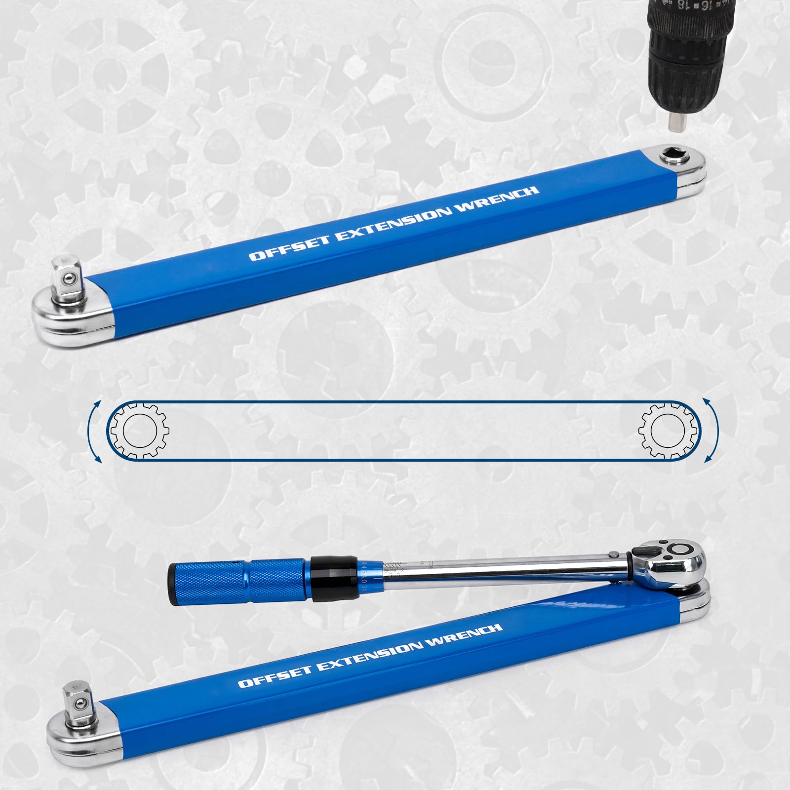 YoShin adapters 1/2, 1/4, 3/8 square drive for versatile compatibility.