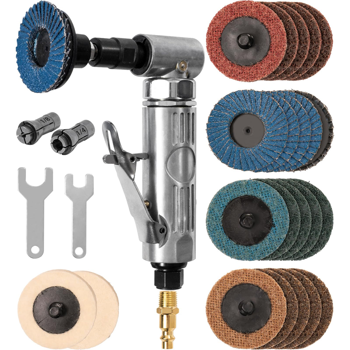 YoShin right angle air die grinder with 22 piece disc kit for precise metal grinding.