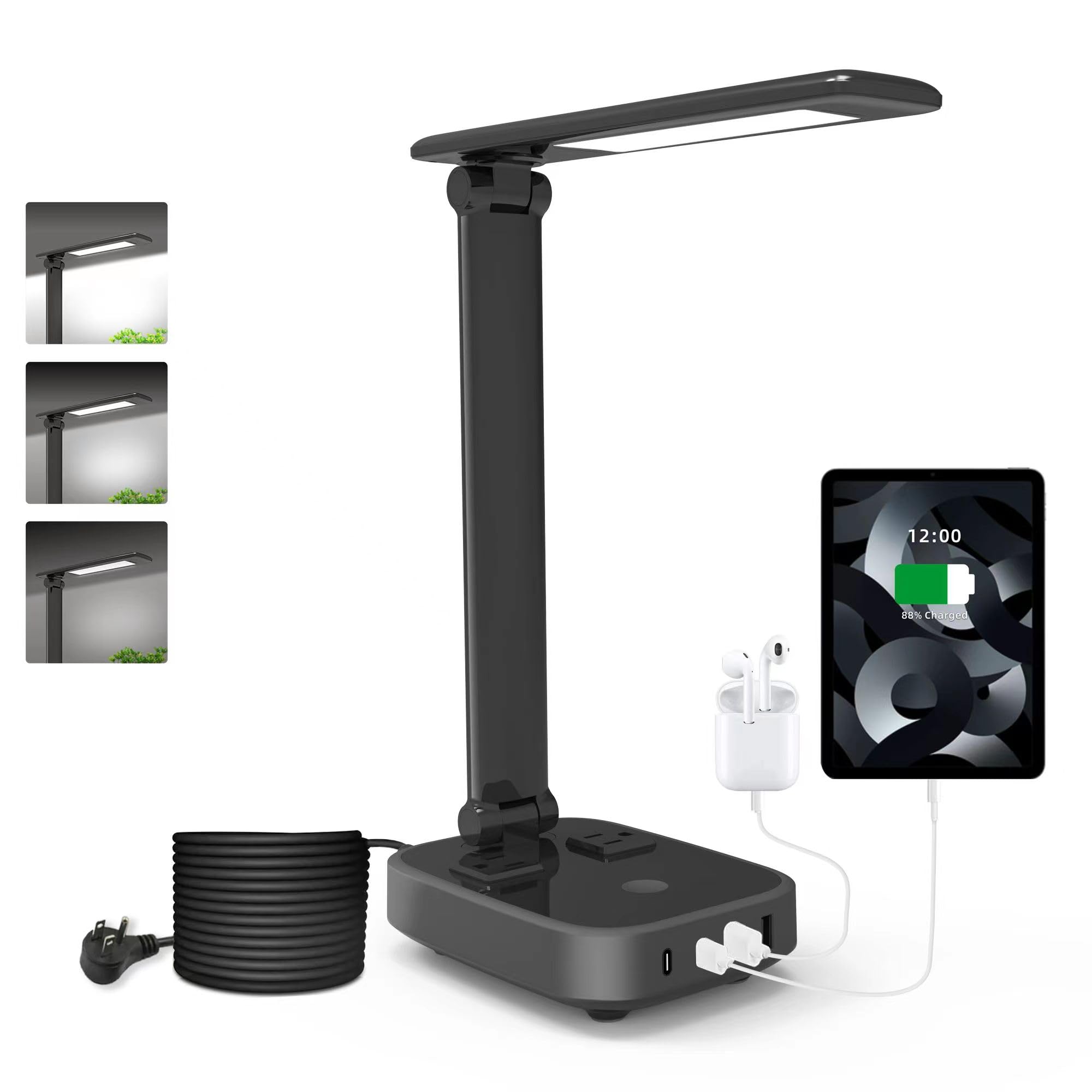 Yostyle LED desk lamp with four USB ports and two outlets powers devices while you work.