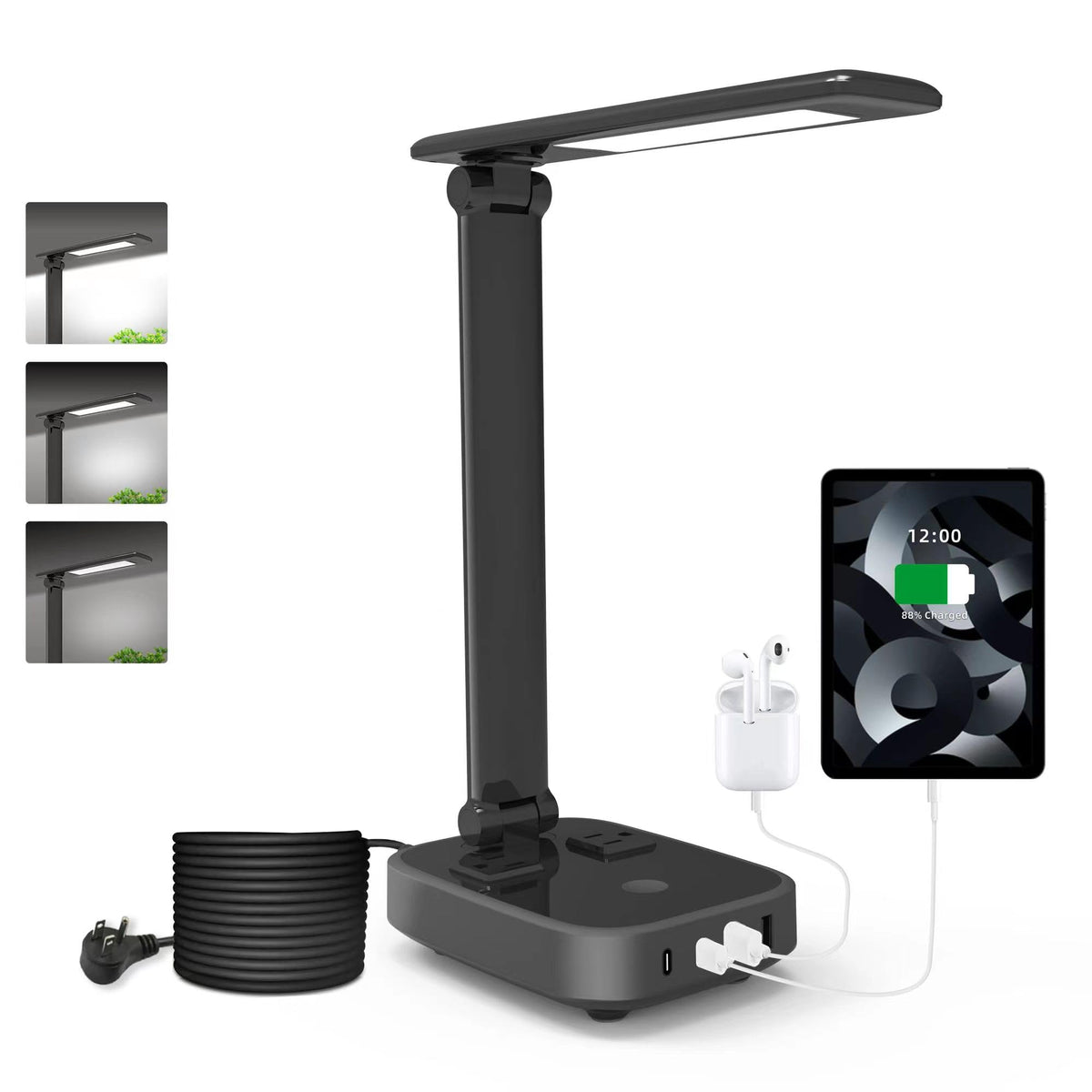 Yostyle LED desk lamp with four USB ports and two outlets powers devices while you work.