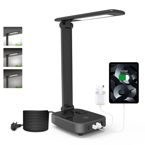 Yostyle LED desk lamp with four USB ports and two outlets powers devices while you work.