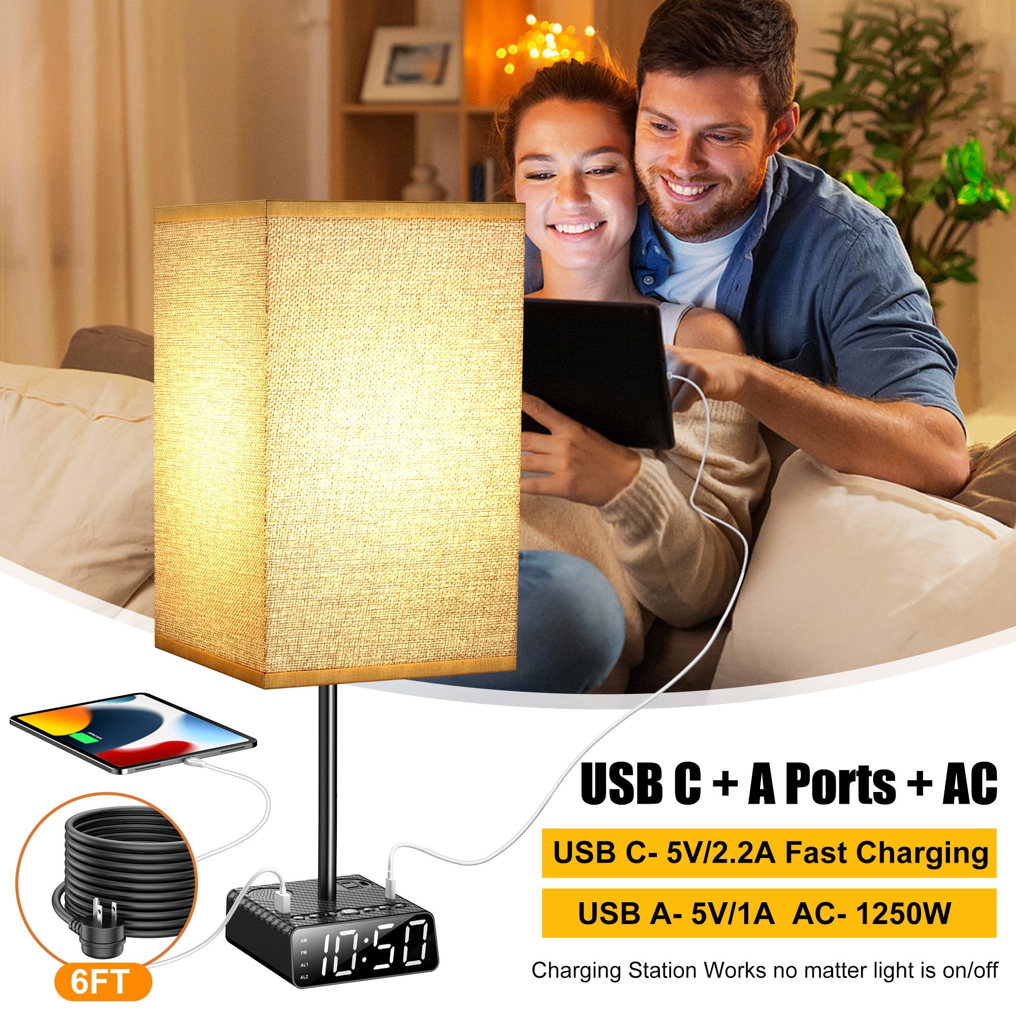 Yostyle table lamp with AC outlet powers multiple devices