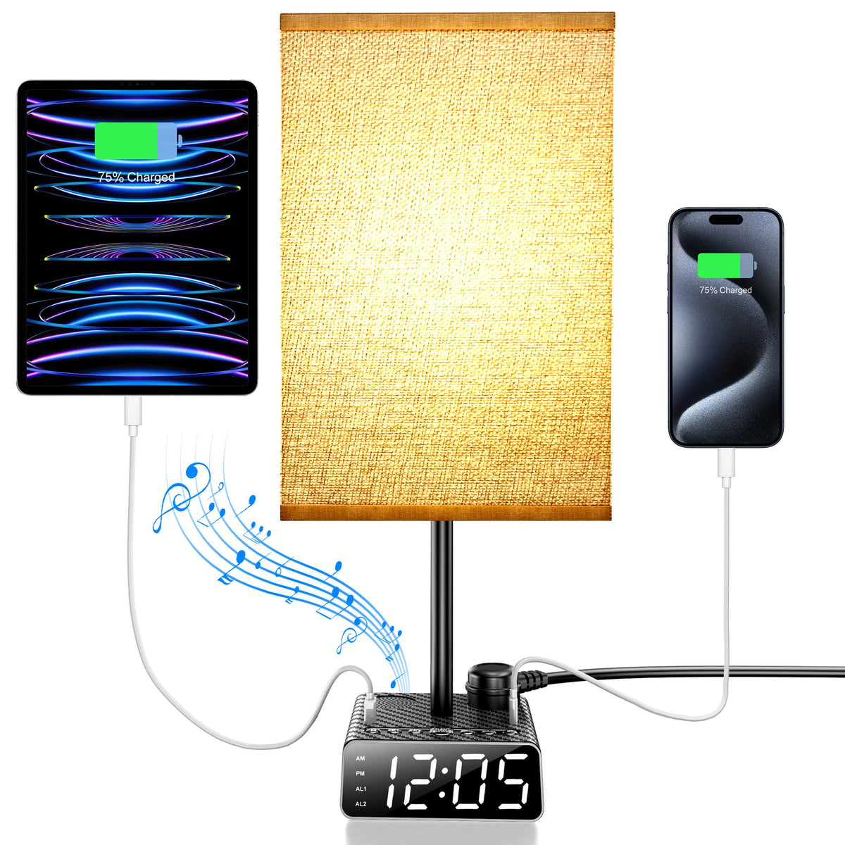Yostyle alarm-clock table lamp with USB ports for bedside charging