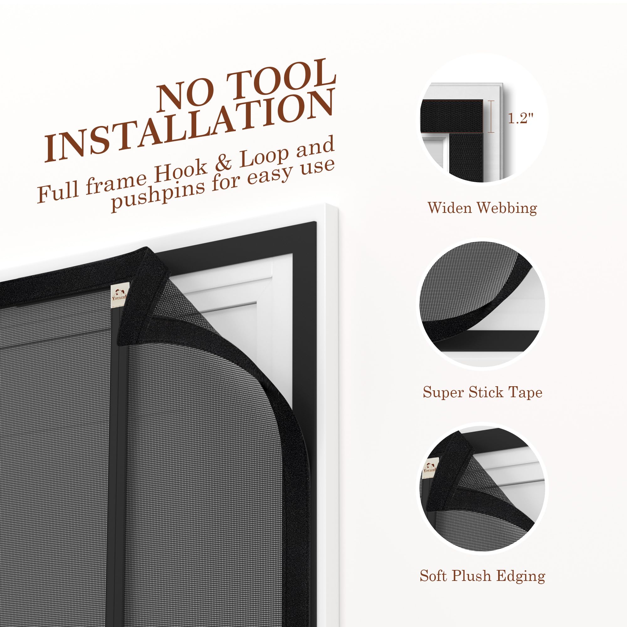 Yotache easy installation with hook-loop strips enables tool-free door mounting.