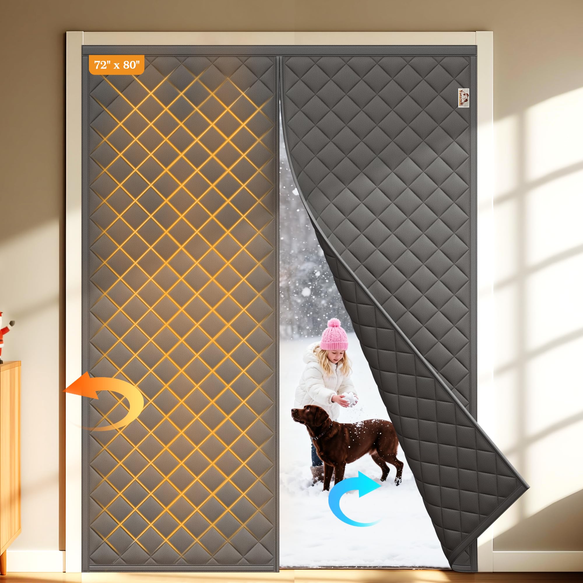 Yotache magnetic thermal curtain closed with magnet seal blocking drafts.