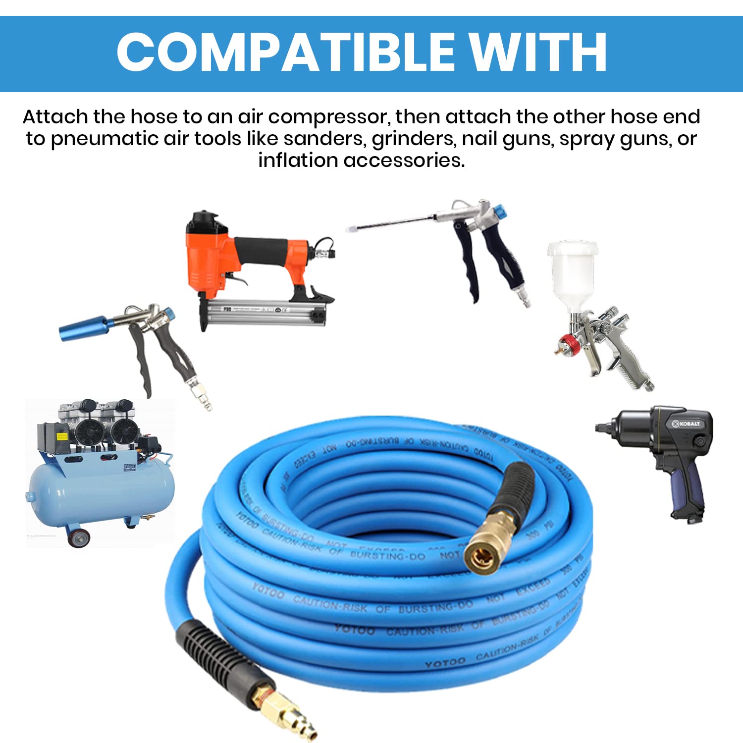YOTOO Air Hose supports up to 300 psi working pressure for demanding tools.