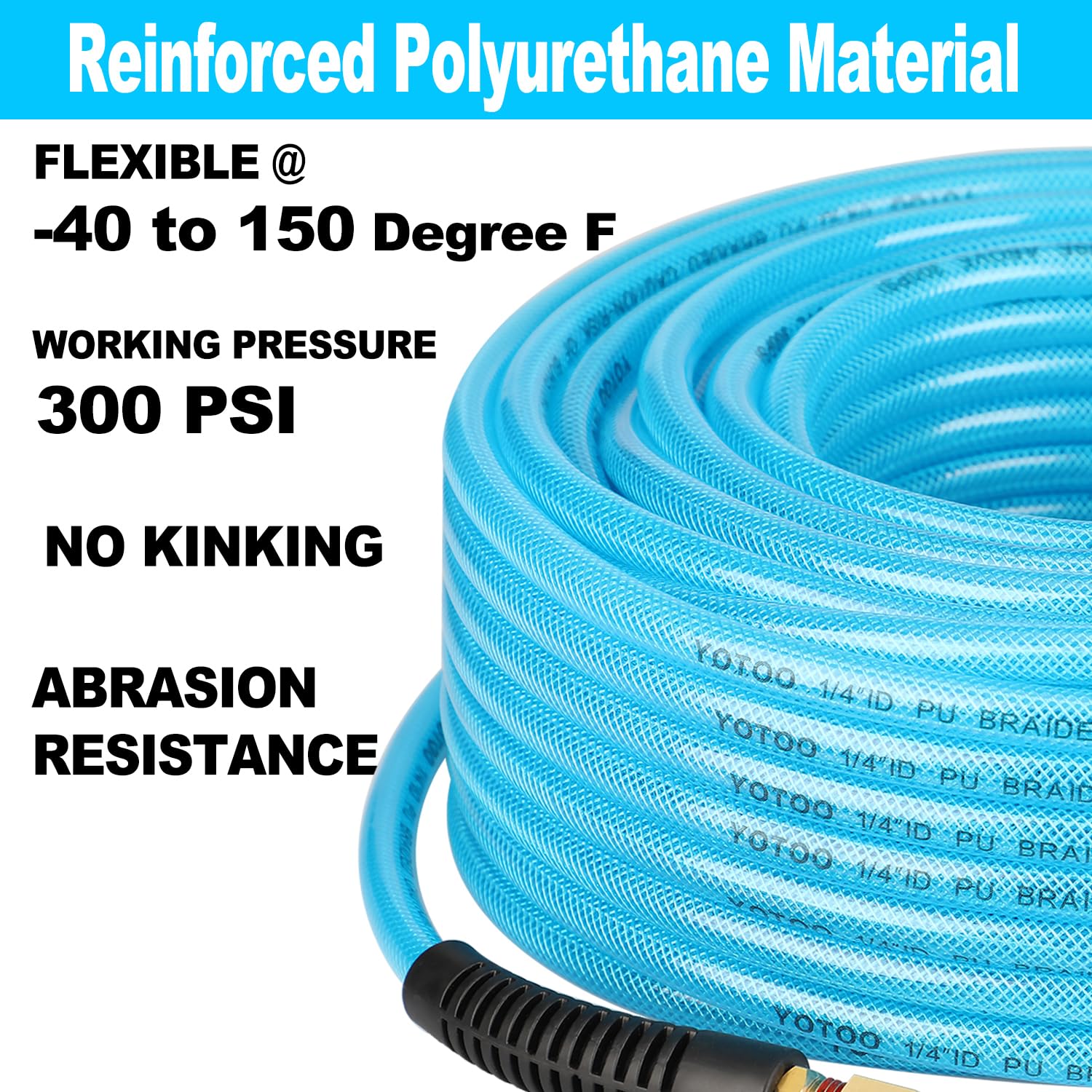 Closeup of YOTOO bend-restrictor reducing kinks for longer hose life.