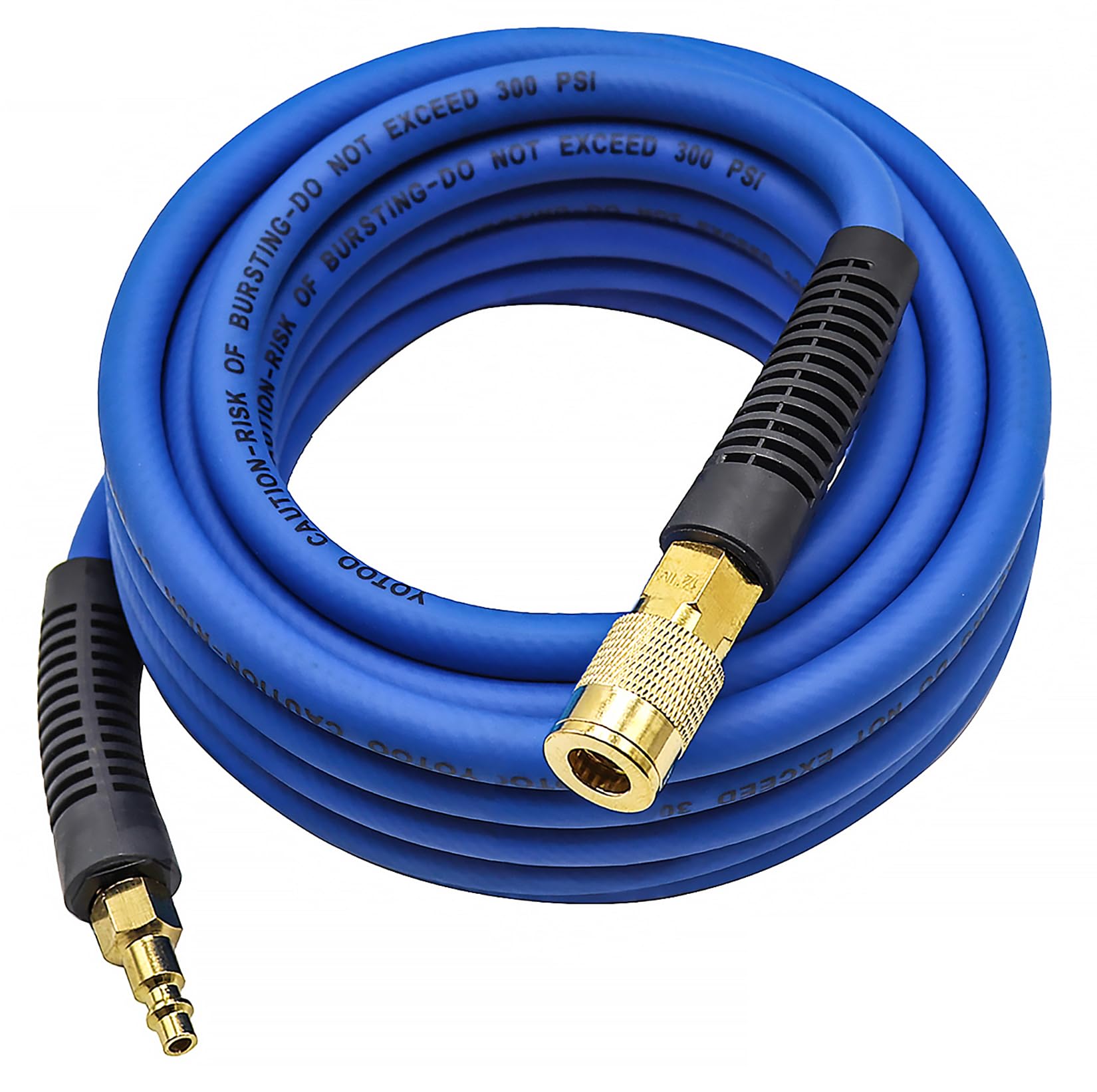 YOTOO Hybrid Air Hose 25ft blue with 1/4-inch fittings for easy compressor hookup.