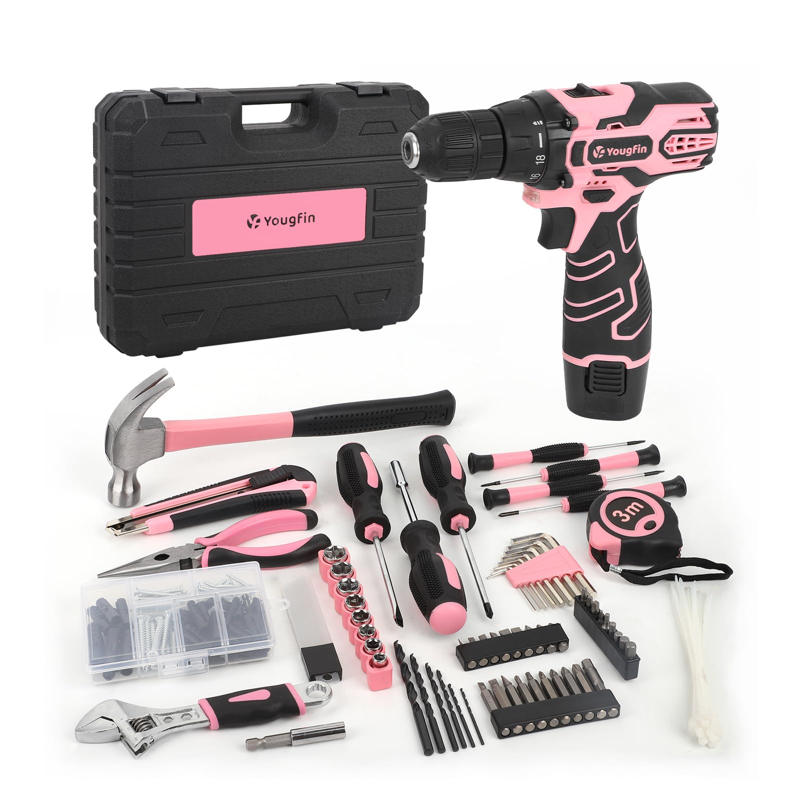 Yougfin compact toolbox case housing drill and accessories.