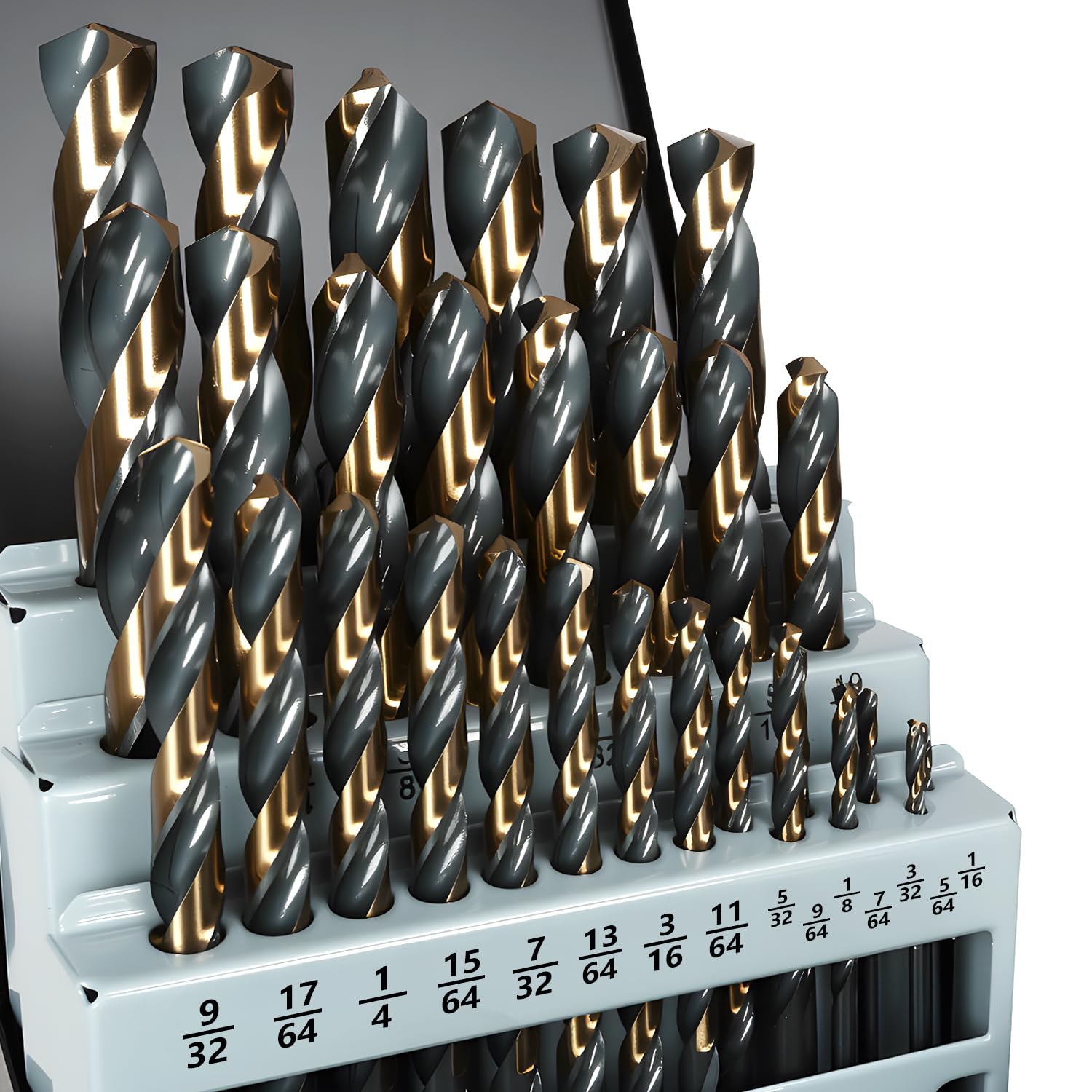 Yougfin metal drill bit set in black-gold finish in a case for organized drilling.