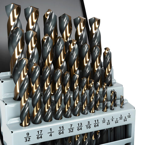 Yougfin metal drill bit set in black-gold finish in a case for organized drilling.