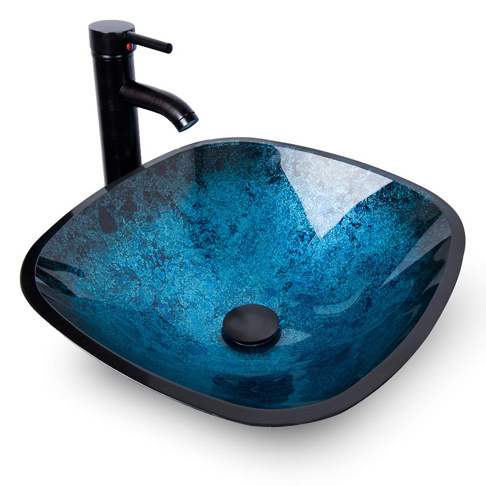 YOURLITE artistic square blue tempered-glass sink as a modern bathroom focal point