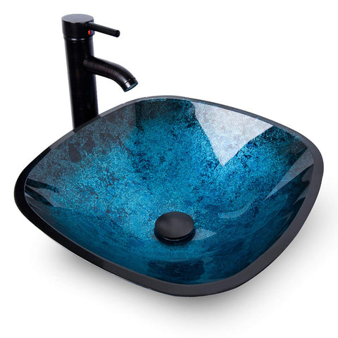 YOURLITE artistic square blue tempered-glass sink as a modern bathroom focal point