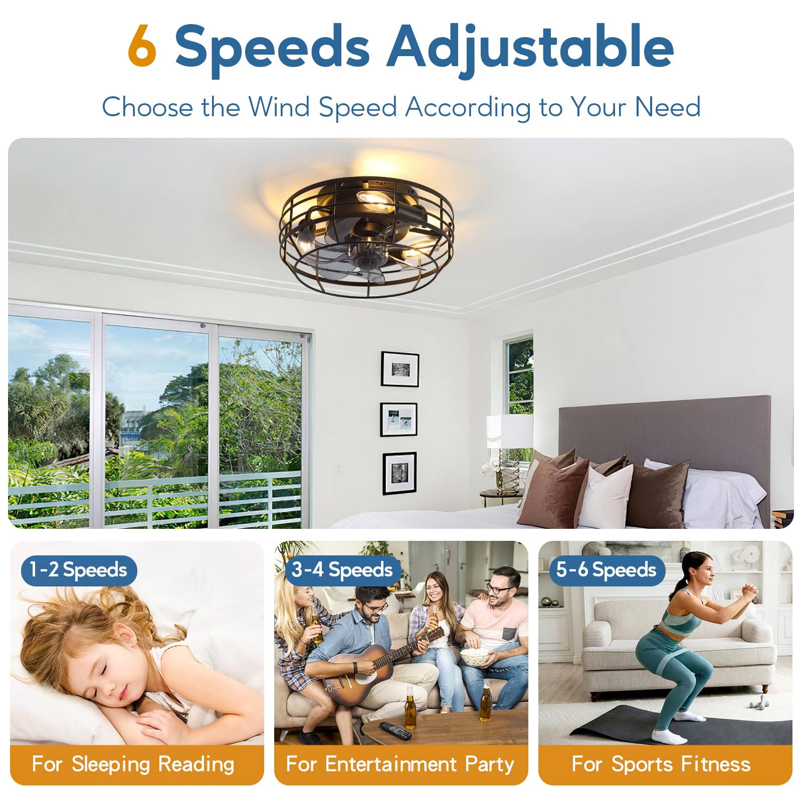 Youroke farmhouse caged fan light with six speeds for customizable comfort.