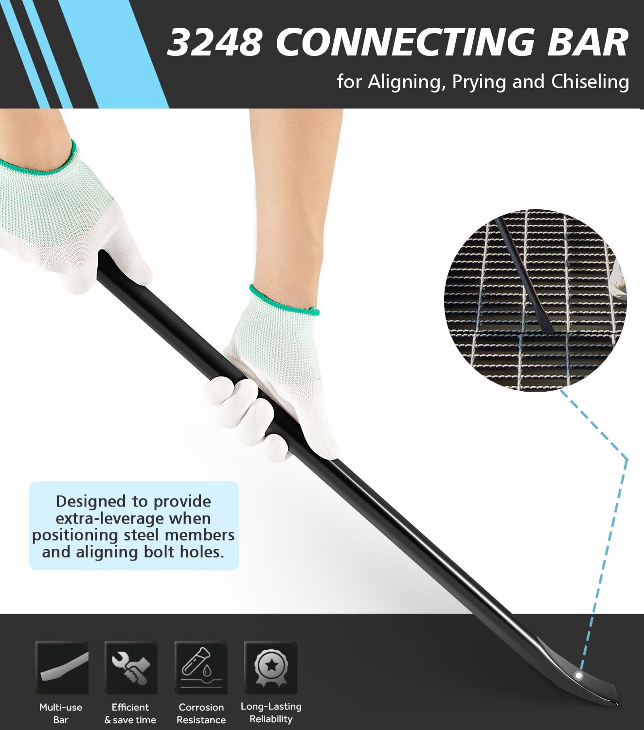 Yoursme pry bar with tapered end guides bolt holes for fast, accurate fit-up