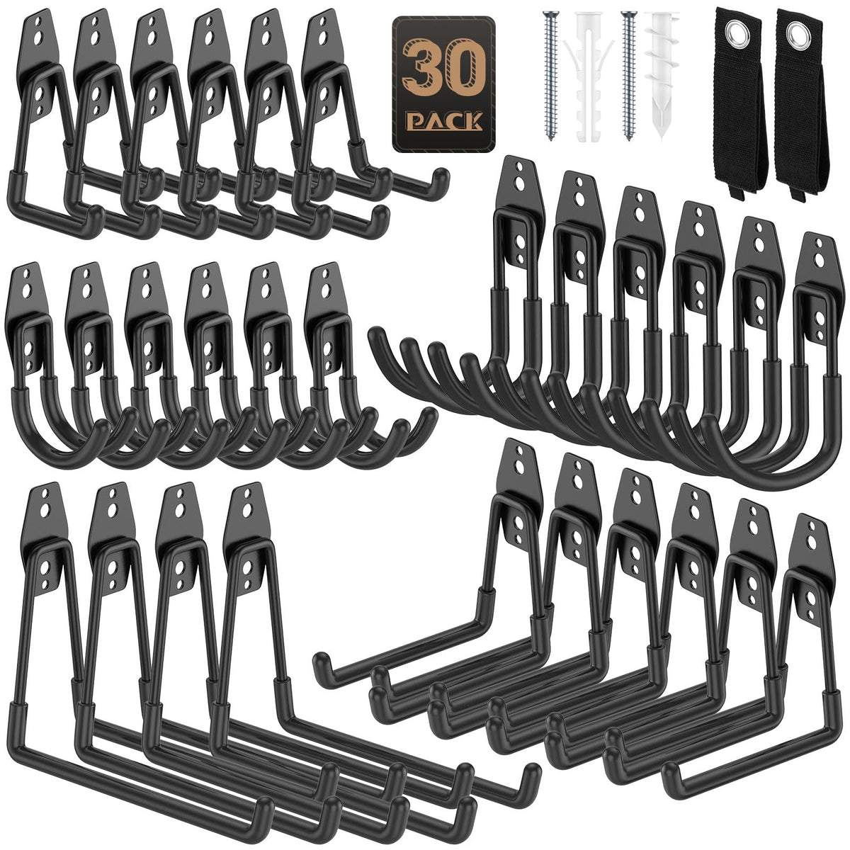 YouthZeal 30-pack large U-hooks secure heavy gear in the garage with anti-slip coating