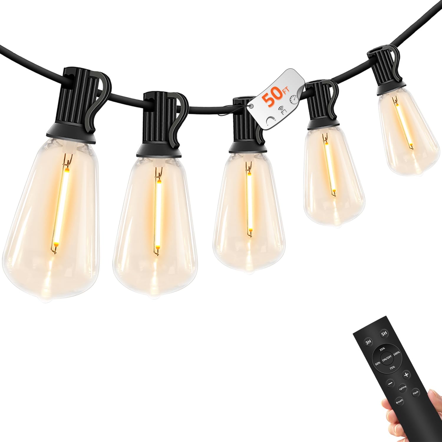 YOYONACY 50ft outdoor string lights with remote dimmer for cozy patio evenings.
