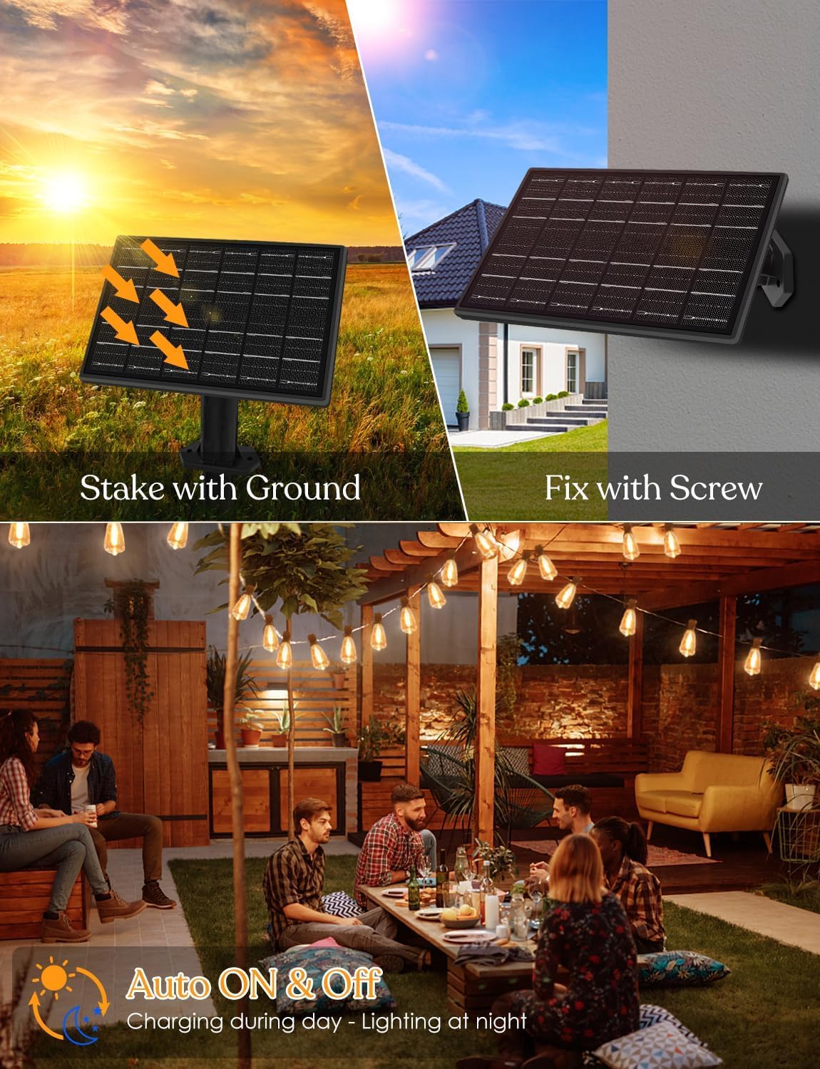 YOYONACY solar panel and battery unit powering evening illumination.