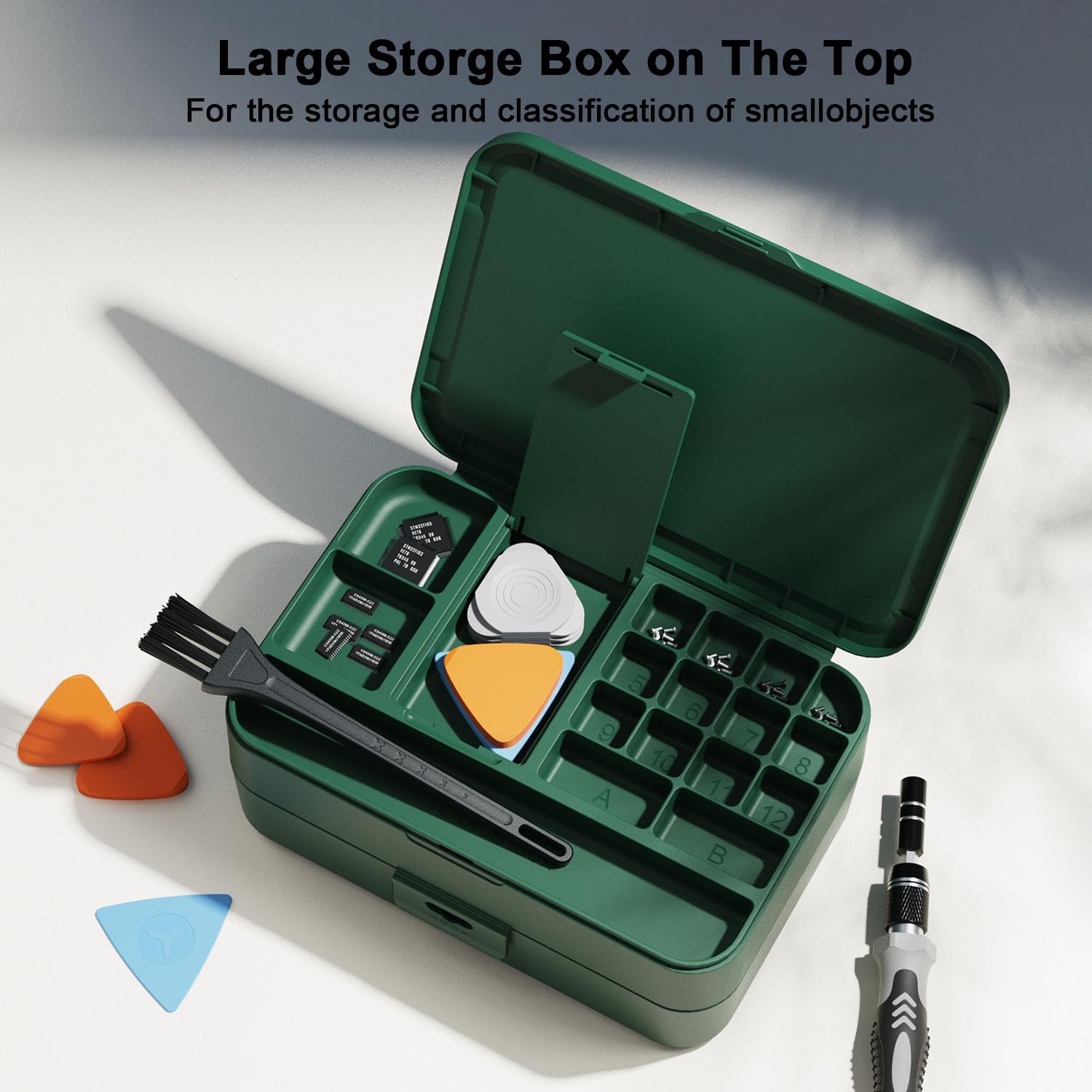 YOYSUN top storage compartment organizes micro parts for clutter-free workflow.