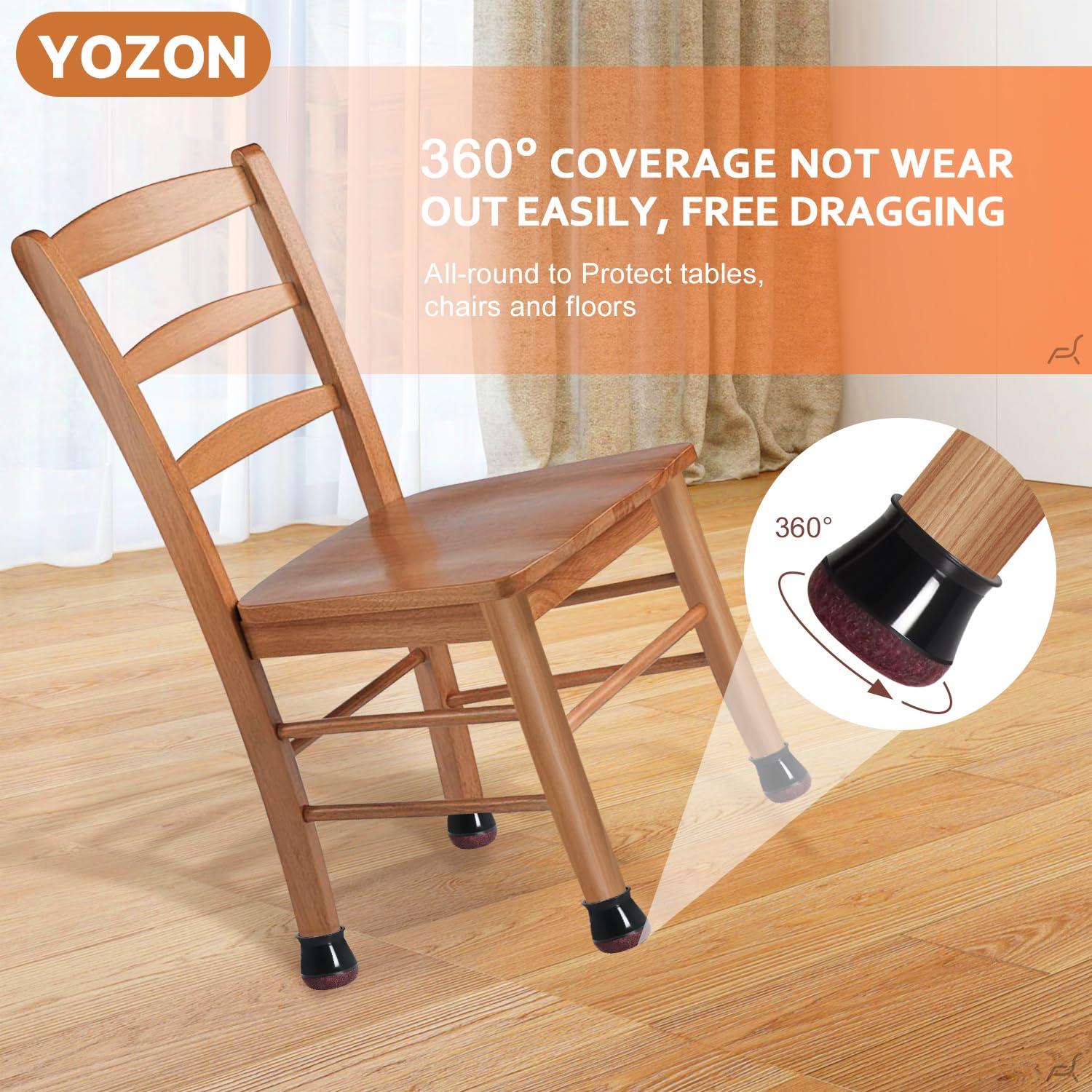 Silicone caps fit around chair legs to dampen movement and reduce noise.