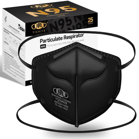 YQ Yichita N95 mask pack of 25 in a box for easy storage and stacking.