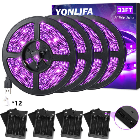 YQNLIFA 33ft black light strip powered by USB or batteries for versatile setups.