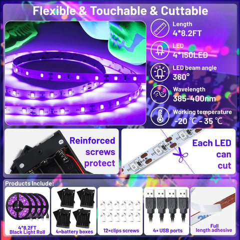 YQNLIFA black light strip with adhesive clips for quick, secure installation.