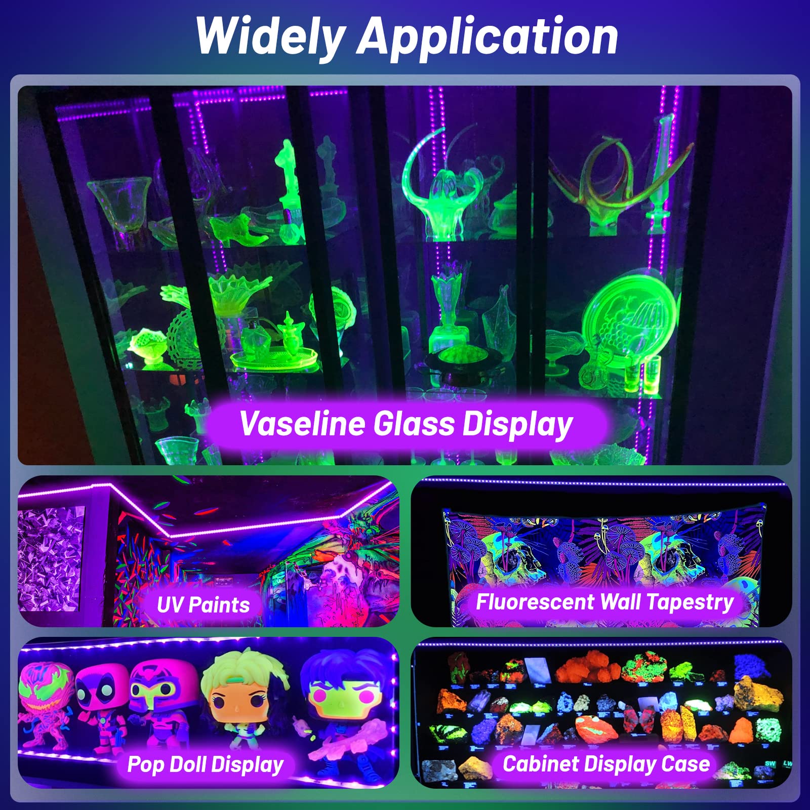 YQNLIFA glass cabinet display glows under ultraviolet lighting.
