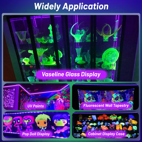 YQNLIFA glass cabinet display glows under ultraviolet lighting.