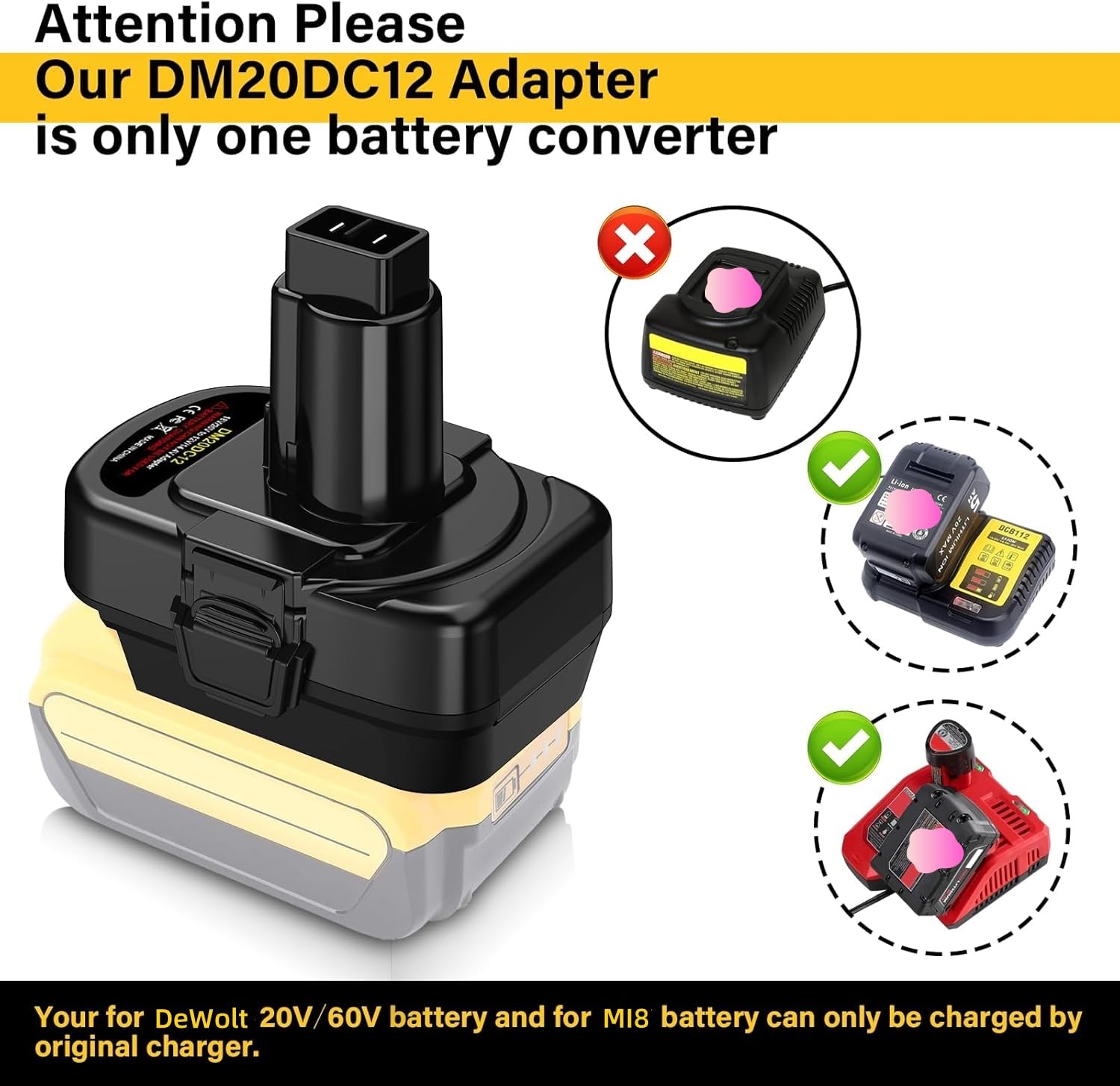 YRGJDCA DeWalt adapter in use on a tool demonstrates 20V to 12V conversion