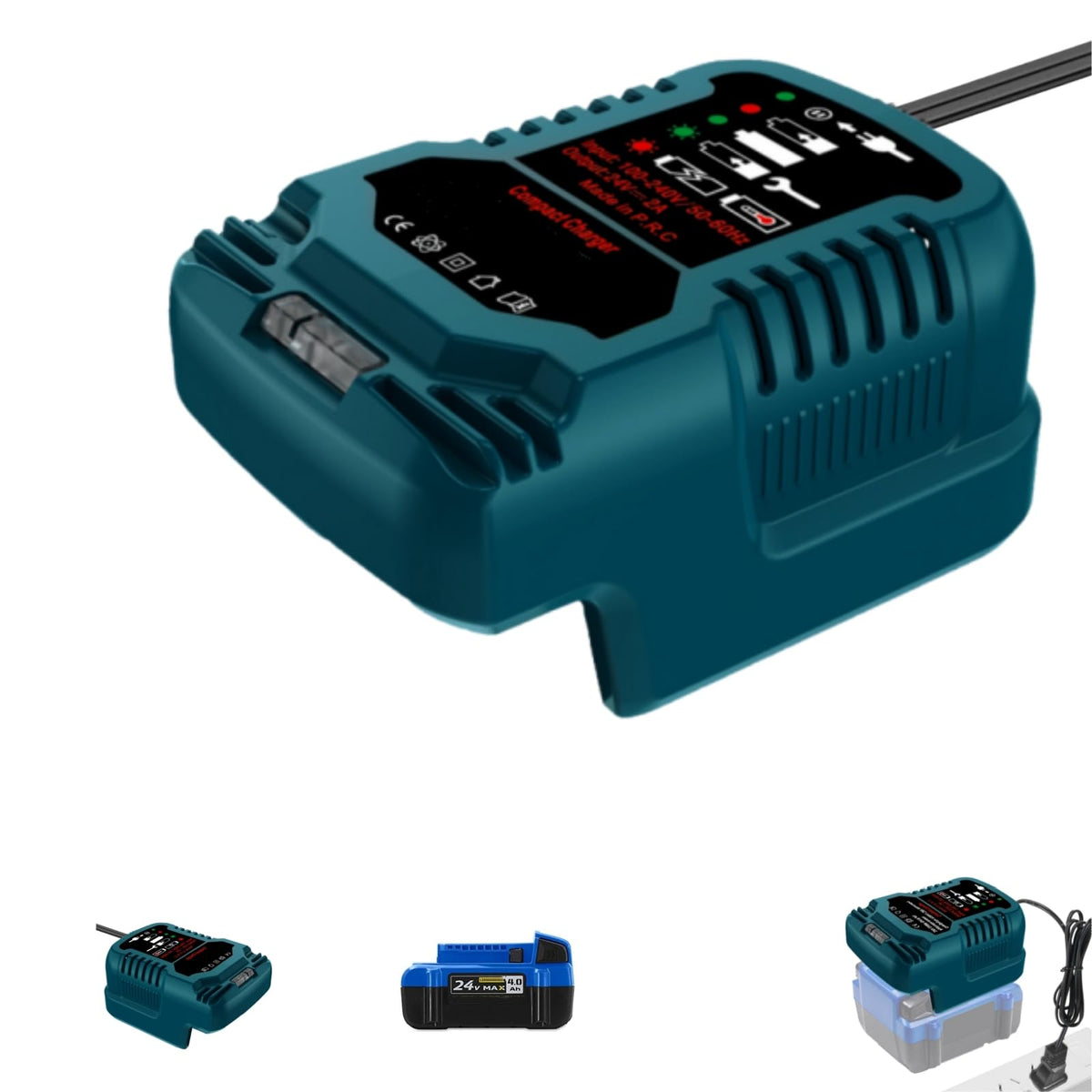 YRGJDCA Kobalt 24V charger front view highlights compact, portable charging.