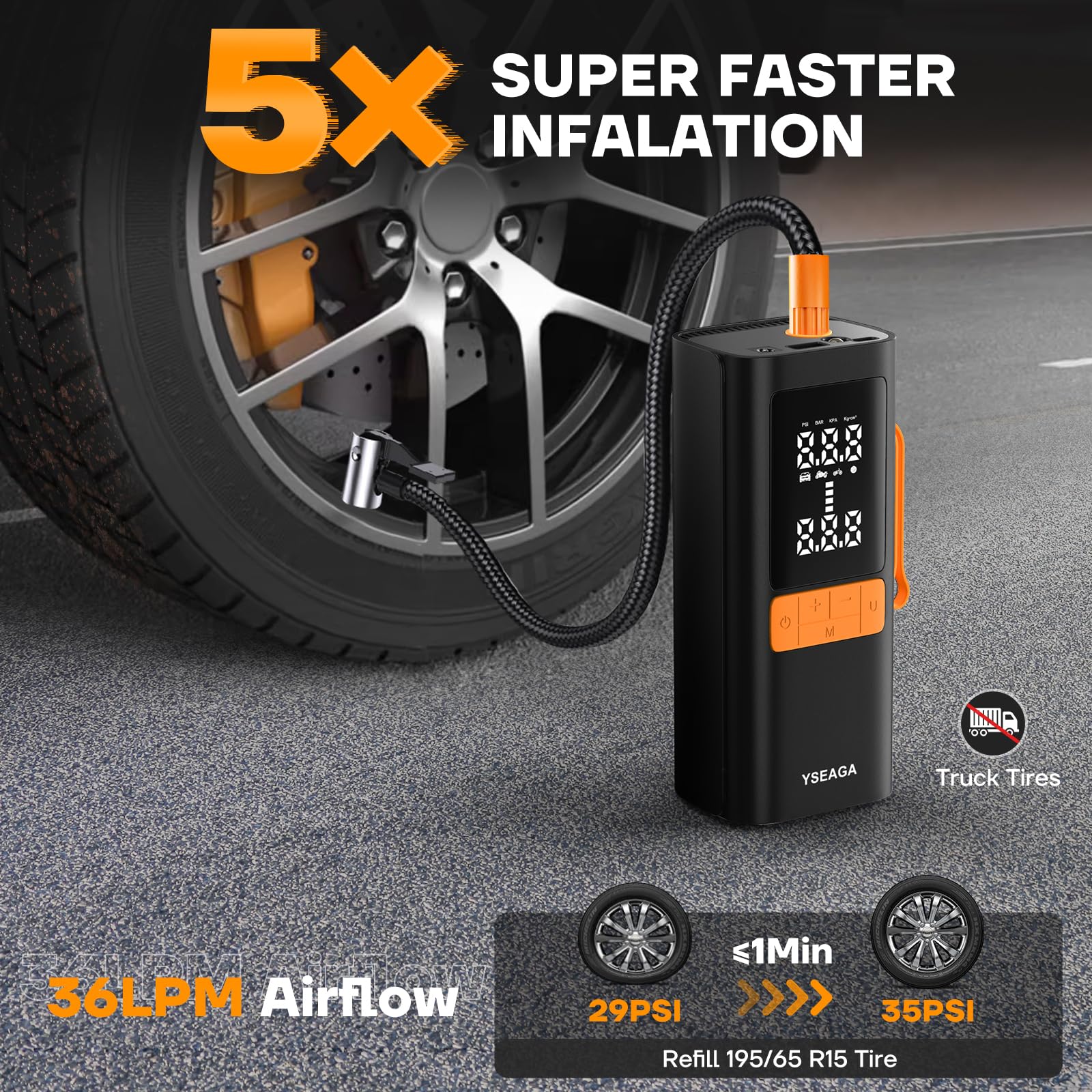 YSEAGA inflator with LED flashlight for nighttime roadside use