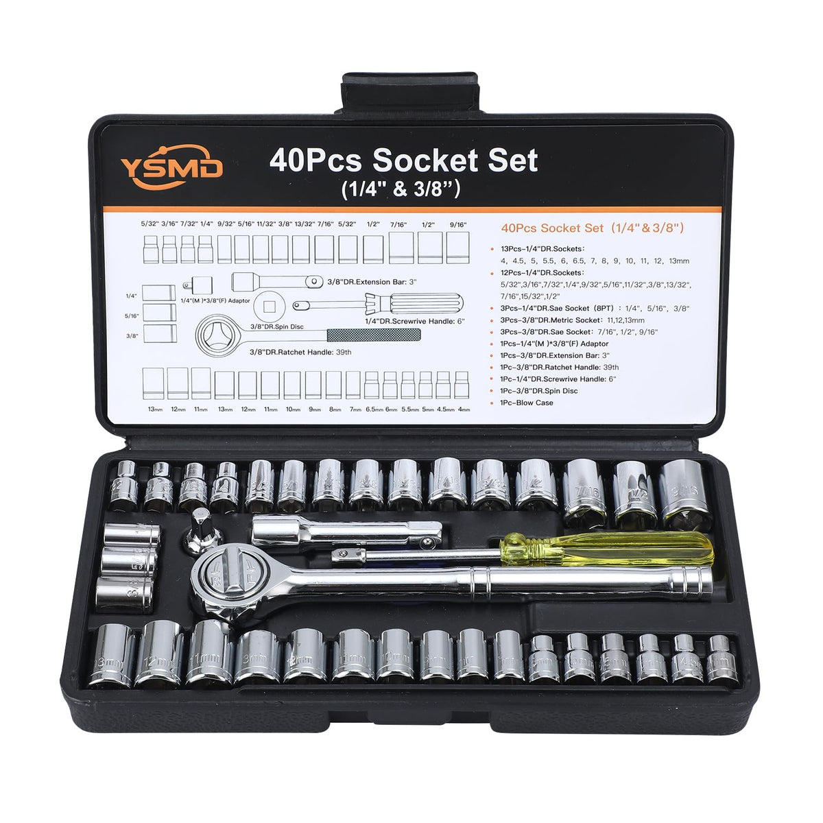 YSMD 40-piece socket set displayed with all components for home repairs.