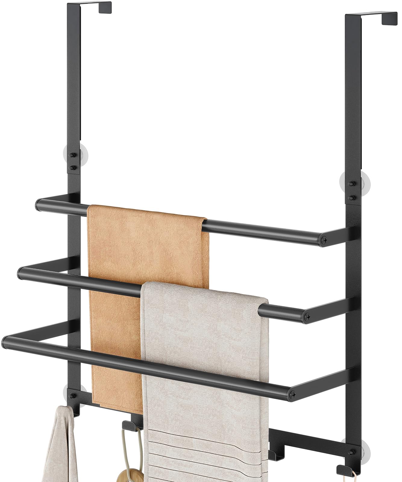 YTAIMITOP over-door towel rack with 3-tier design and 5 hooks for versatile bathroom storage