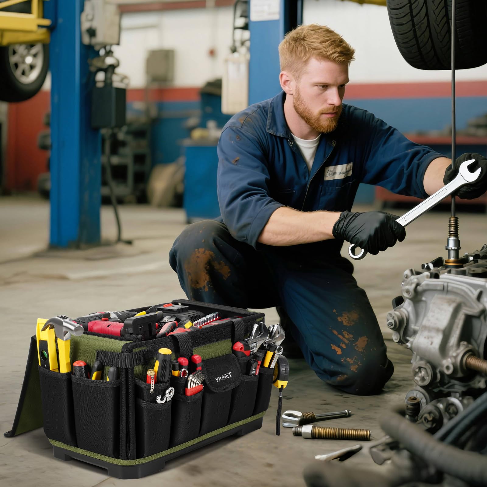 Foldable Ytonet tool bag shown compact for easy storage in a closet or trunk.