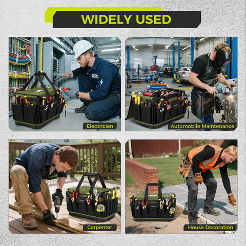 Versatile bag suitable for electricians, mechanics, HVAC pros on busy job sites.
