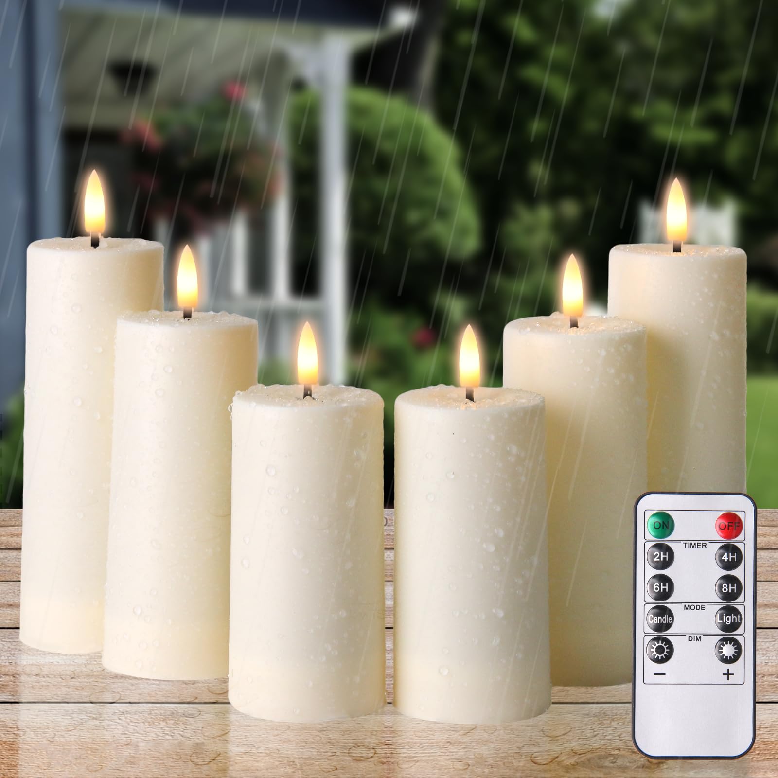 YTRUSTIX 6pc flameless outdoor candles on patio with flickering warmth