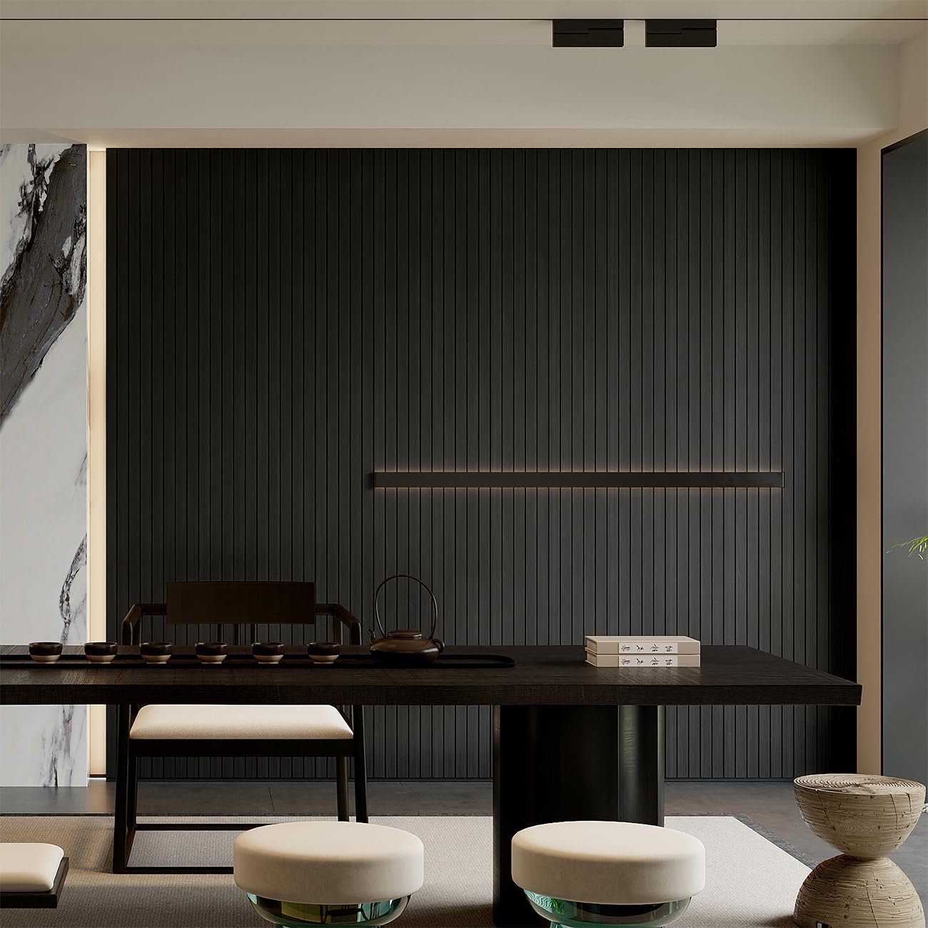 YU LI 3DH 3D slat design enhances room acoustics and visual interest.