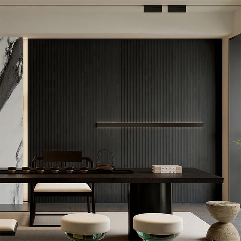 YU LI 3DH 3D slat design enhances room acoustics and visual interest.