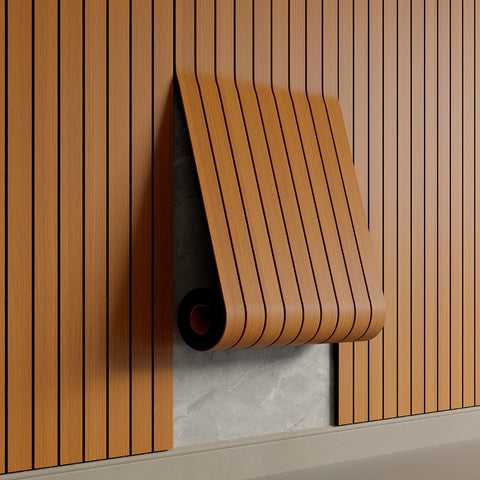 YU LI 3DH peel-and-stick slat panel with walnut wood grain adds authentic wall texture.