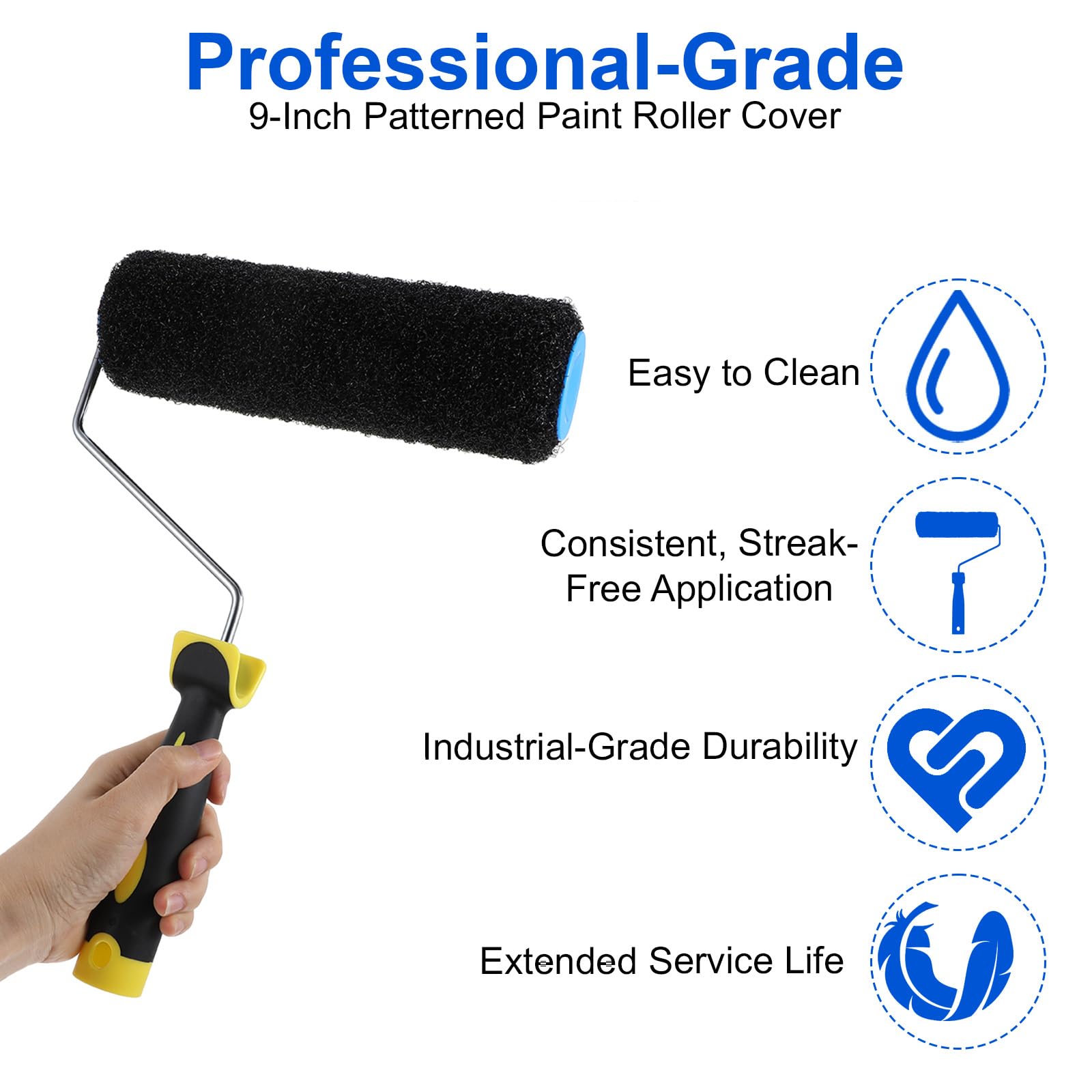 Yuanan 9-inch black roller cover delivers even texture across drywall surfaces.