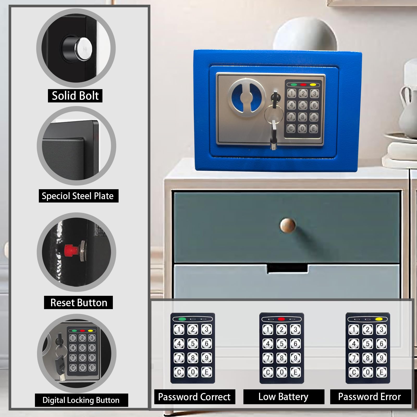 Yuanshikj deluxe digital safe keypad closeup highlights easy programming for quick access.