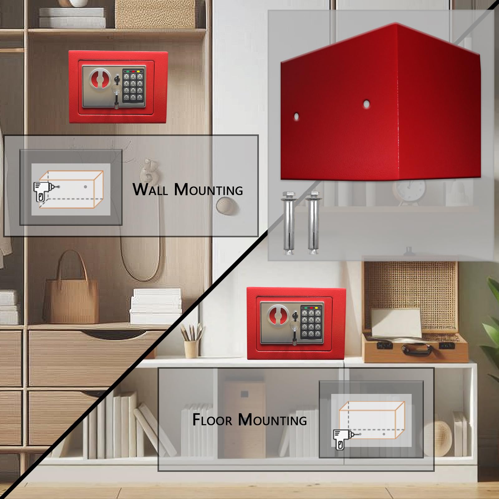 Yuanshikj safe mounted on wall showing easy installation and deterrence.