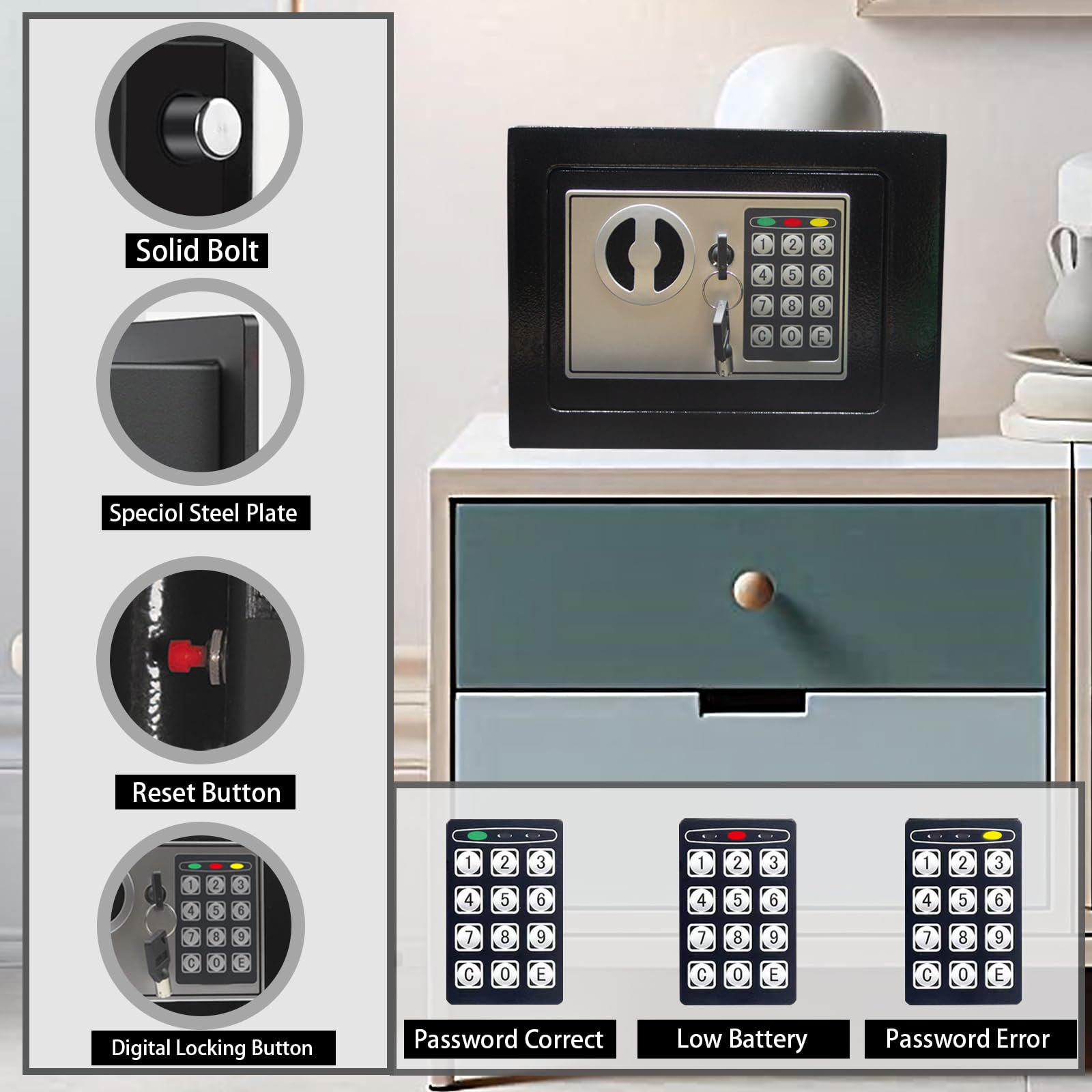 Yuanshikj safe box digital keypad close-up highlights easy programming and access.